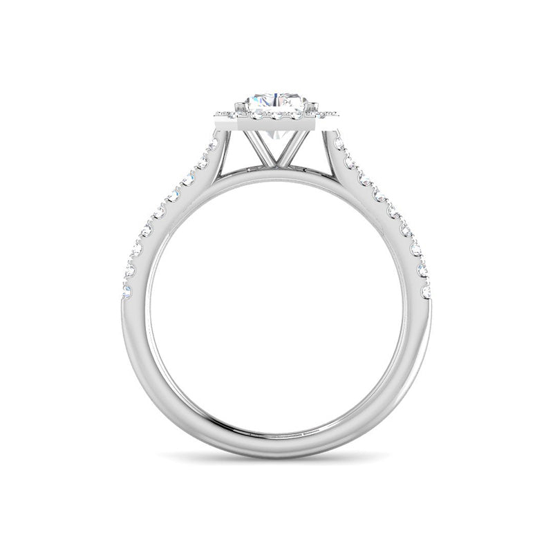 Emerald Cut Cathedral w. Halo and ½ Diamond Band (White Gold)