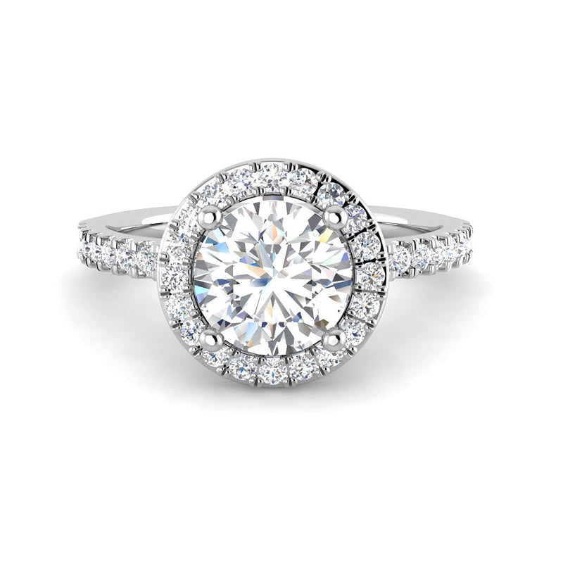 Round Solitaire w. Halo and Diamond Band (White Gold)