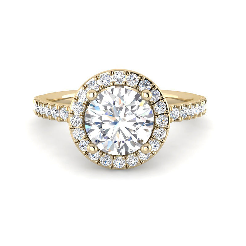 Round Solitaire w. Halo and Diamond Band (Yellow Gold)