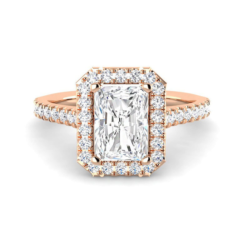Emerald Cut Cathedral w. Halo and ½ Diamond Band (Rose Gold)