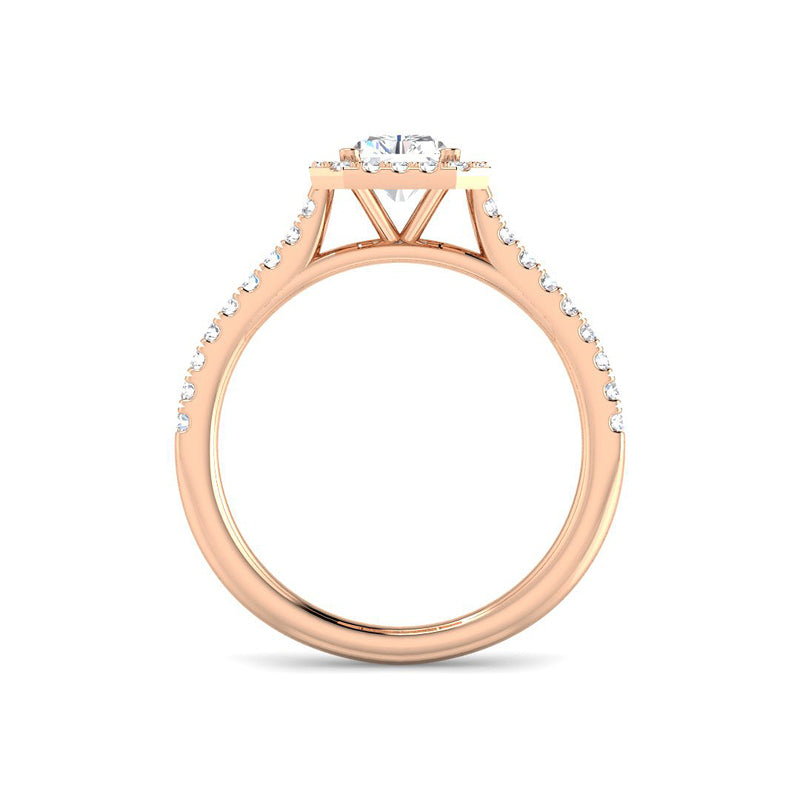 Emerald Cut Cathedral w. Halo and ½ Diamond Band (Rose Gold)