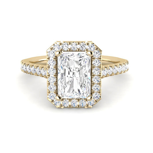 Emerald Cut Cathedral w. Halo and ½ Diamond Band (Yellow Gold)