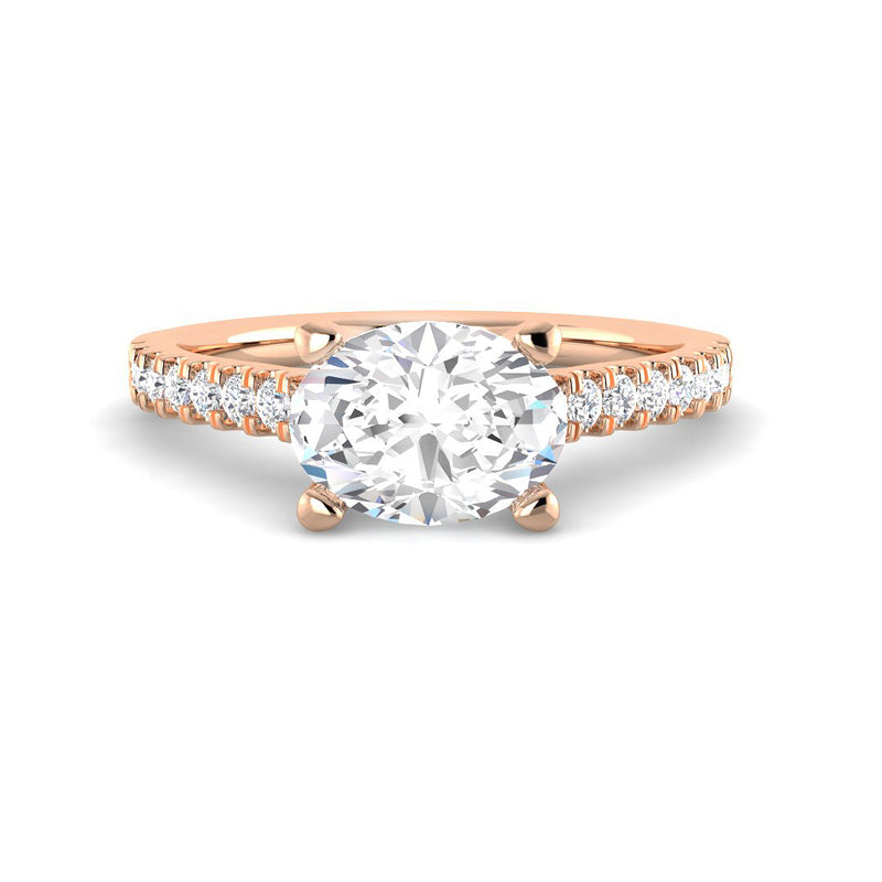 East-West Oval Solitaire w. Diamond Band (Rose Gold)