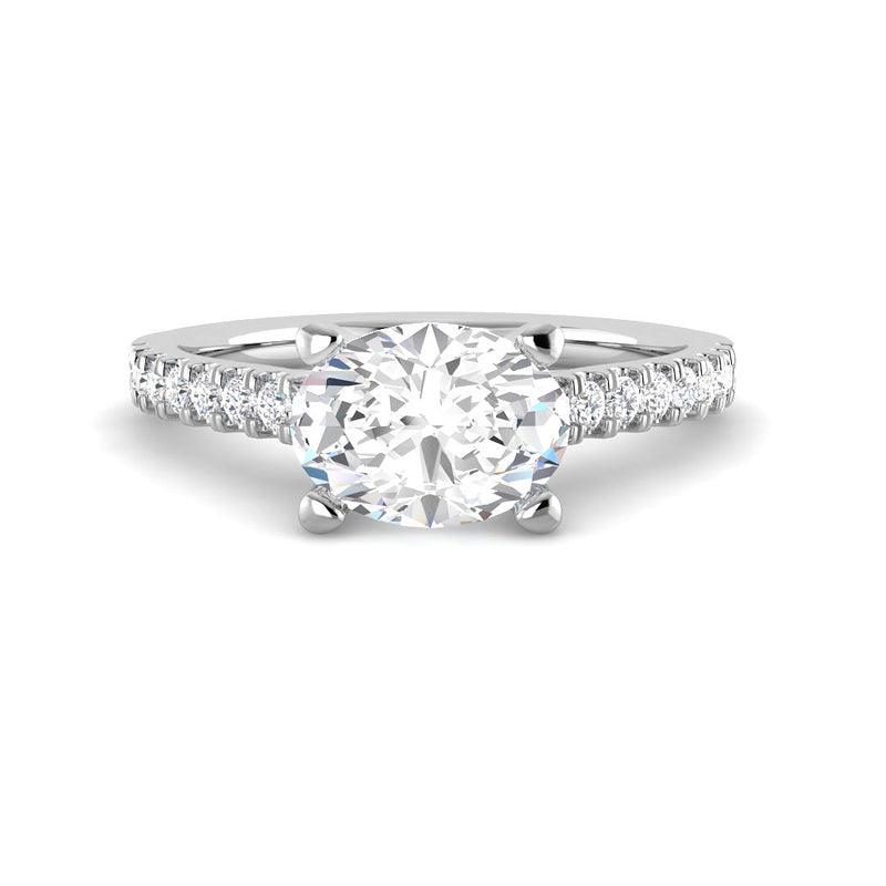 East-West Oval Solitaire w. Diamond Band (White Gold)