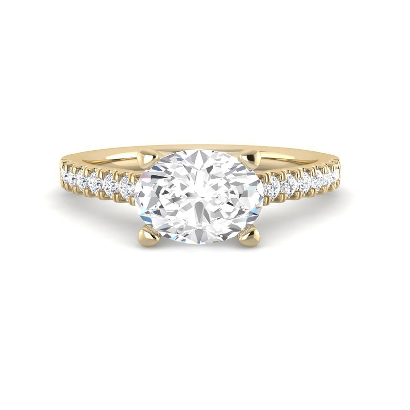 East-West Oval Solitaire w. Diamond Band (Yellow Gold)
