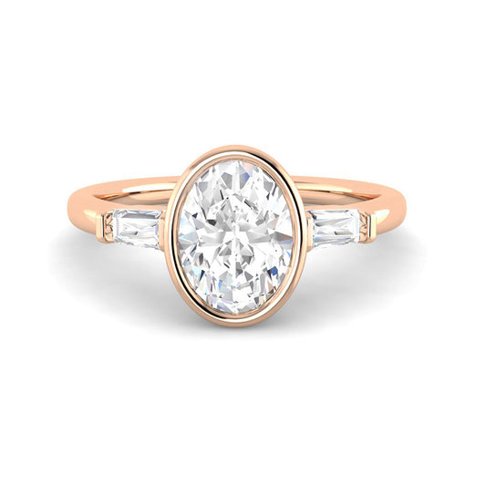 Bezel-Set Oval Solitaire w. Baguettes (Rose Gold)