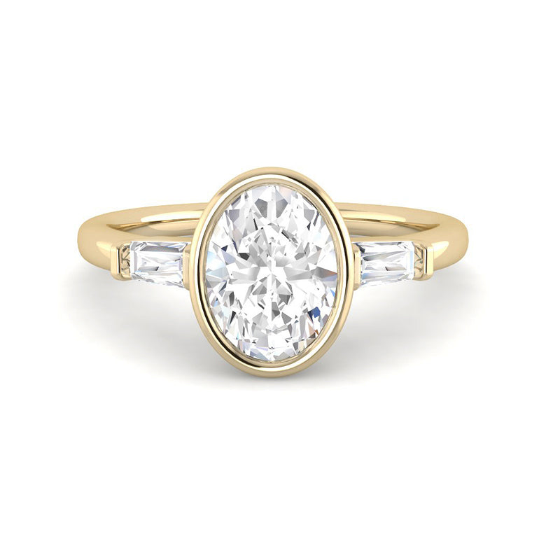 Bezel-Set Oval Solitaire w. Baguettes (Yellow Gold)
