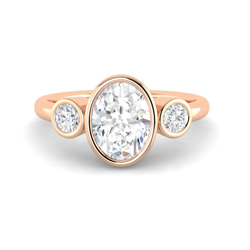 Trilogy Bezel-Set Oval Solitaire w. Round Accent Stones (Rose Gold)