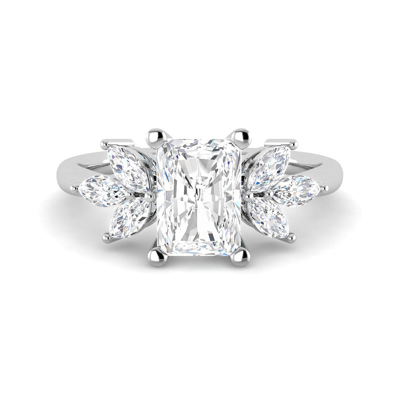 Emerald Cut w. Floral Marquise Cluster Side Stones (White Gold)