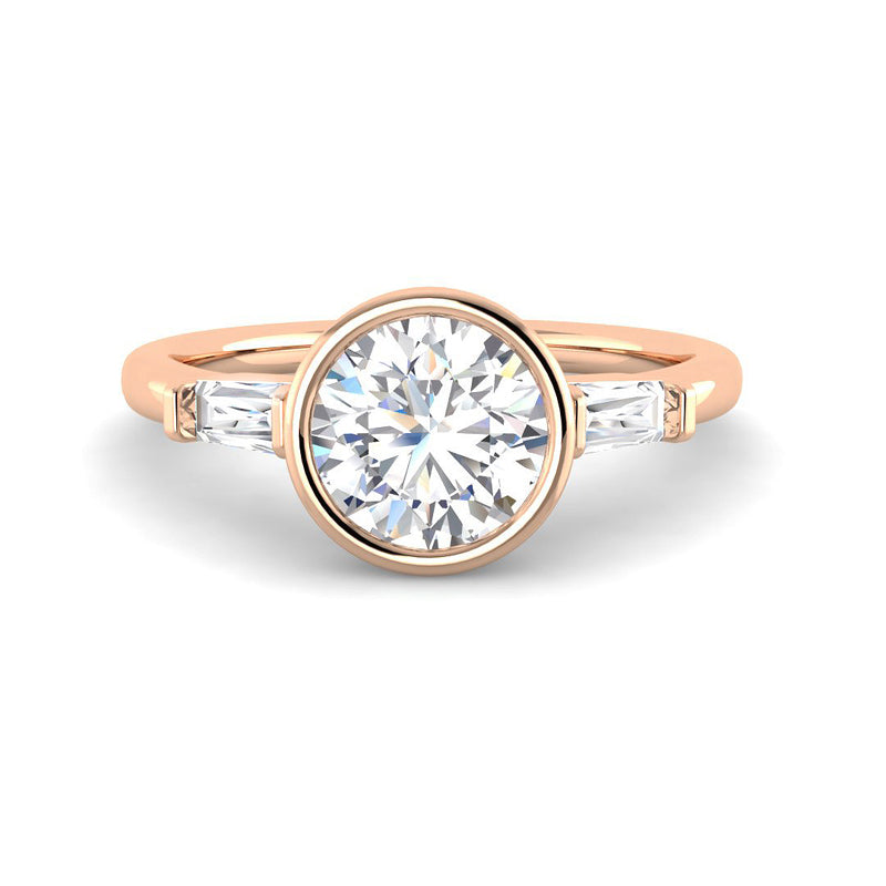 Bezel Set Round Solitaire w. Baguettes (Rose Gold)