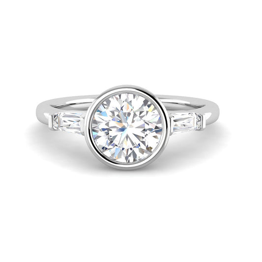 Bezel Set Round Solitaire w. Baguettes (White Gold)