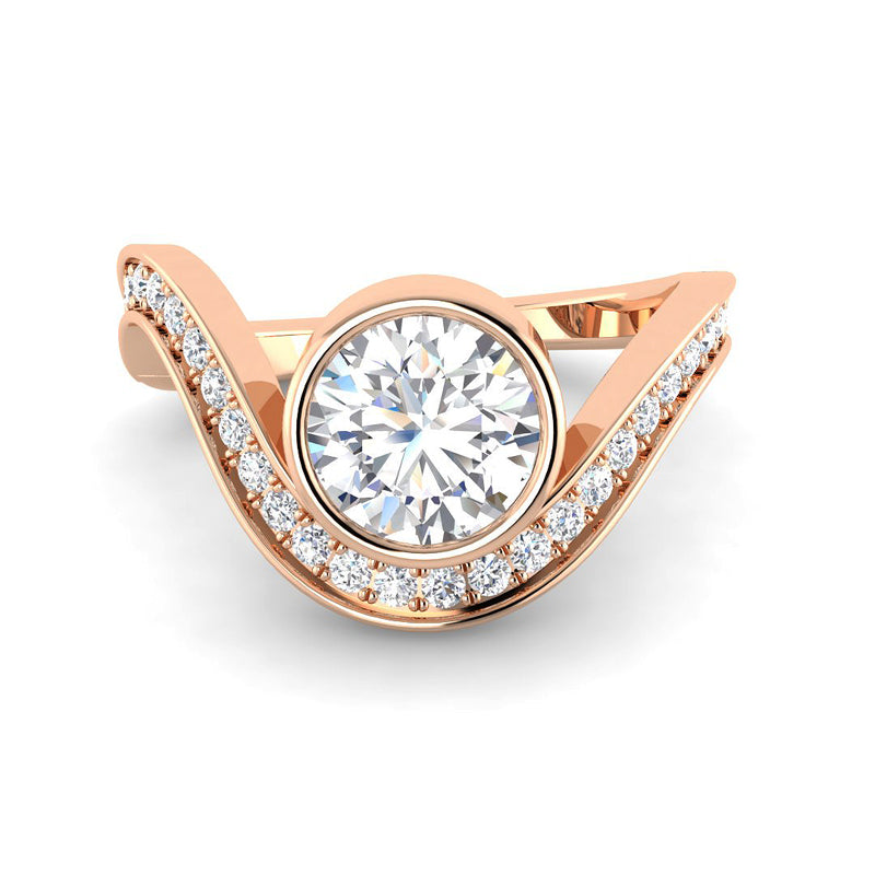 Bezel-Set Round Solitaire w. Curved Pavé Band (Rose Gold)