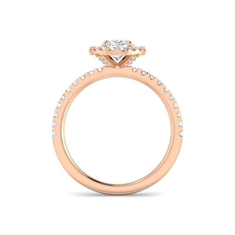 Oval Solitaire w. Diamond Band, Halo and Hidden Basket (Rose Gold)