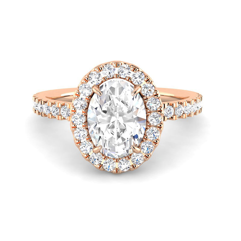 Oval Solitaire w. Diamond Band, Halo and Hidden Basket (Rose Gold)