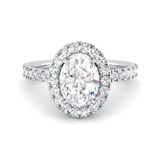 Oval Solitaire w. Diamond Band, Halo and Hidden Basket (White Gold)