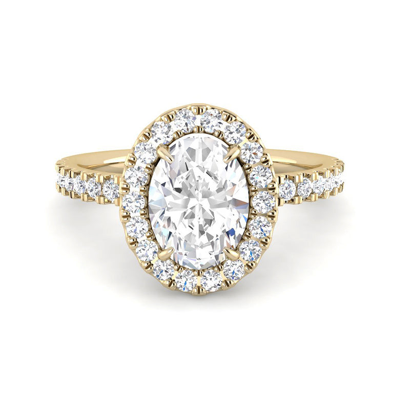 Oval Solitaire w. Diamond Band, Halo and Hidden Basket (Yellow Gold)