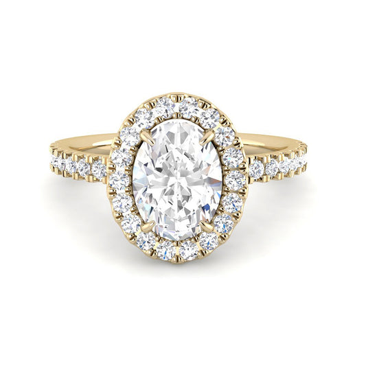 Oval Solitaire w. Diamond Band, Halo and Hidden Basket (Yellow Gold)