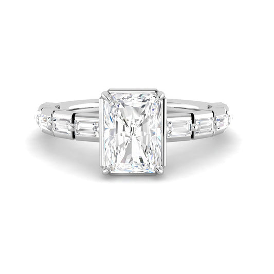 Emerald Cut w. Baguette Band and Bezel Claw Setting (White Gold)