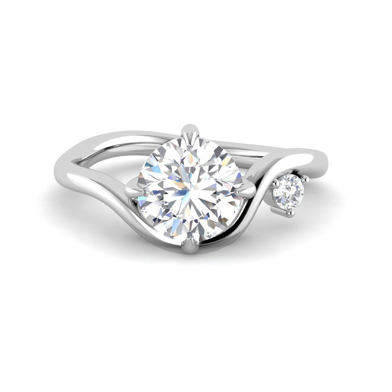 Round Solitaire w. Curved Band and Accent Side Stone (White Gold)