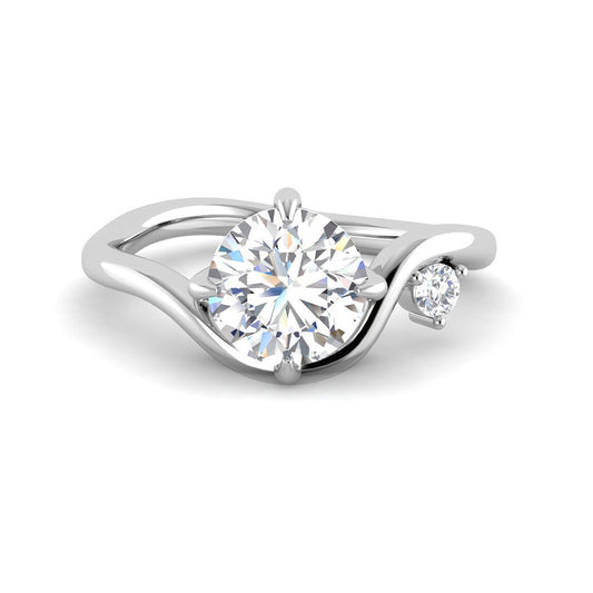 Round Solitaire w. Curved Band and Accent Side Stone (White Gold)