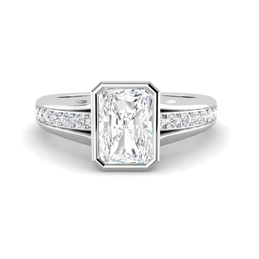 Emerald Cut Bezel w. Split Shank Pavé Band (White Gold)