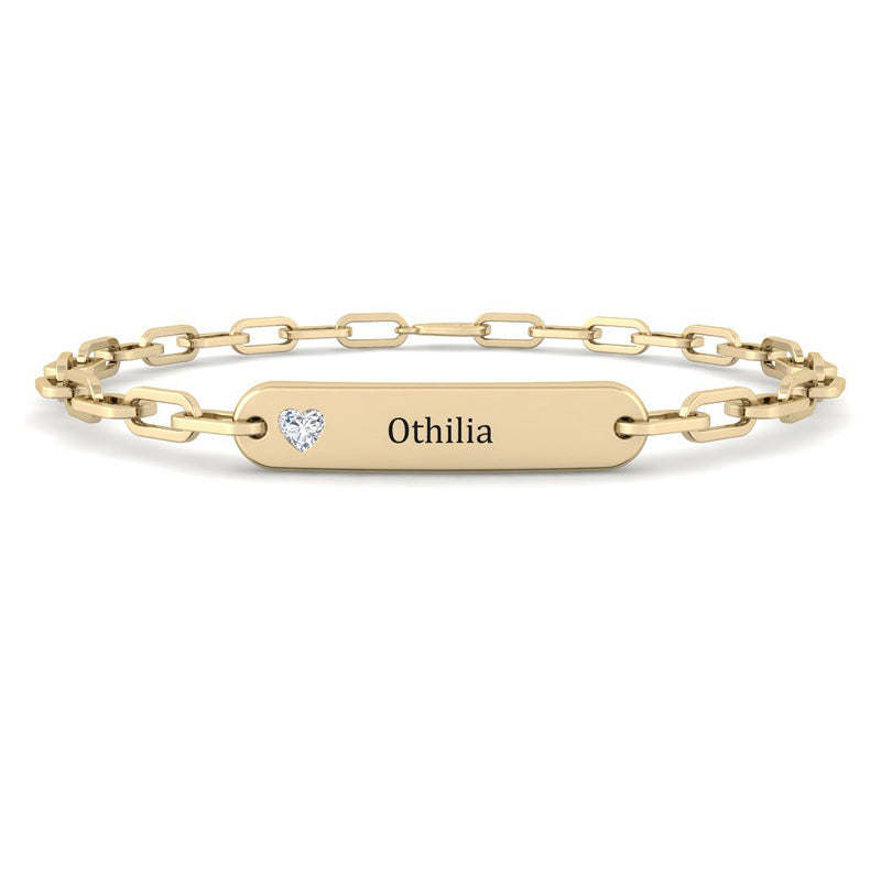 Custom Engraved Chain Bracelet w. Placket and Diamond (Yellow Gold)